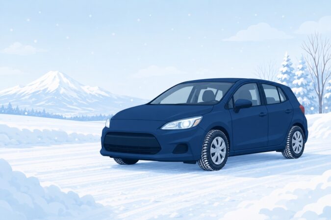 雪道に停まるコンパクトカー(スタッドレスタイヤ装着)