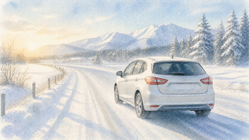 雪道を走るコンパクトカーのイメージイラスト