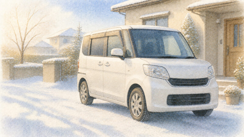 雪の駐車場に停まる背の高い軽自動車のイメージイラスト