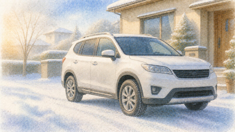 雪の積もった住宅前に停まるSUVのイメージイラスト