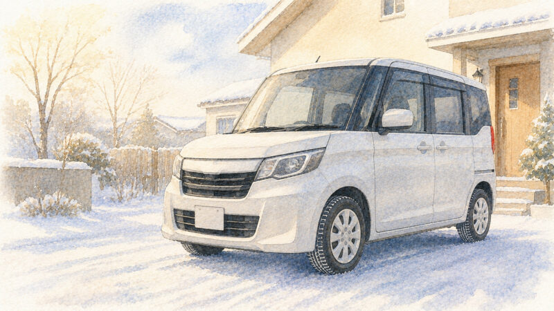 雪の積もった駐車場に停まる背の高い軽自動車のイメージイラスト