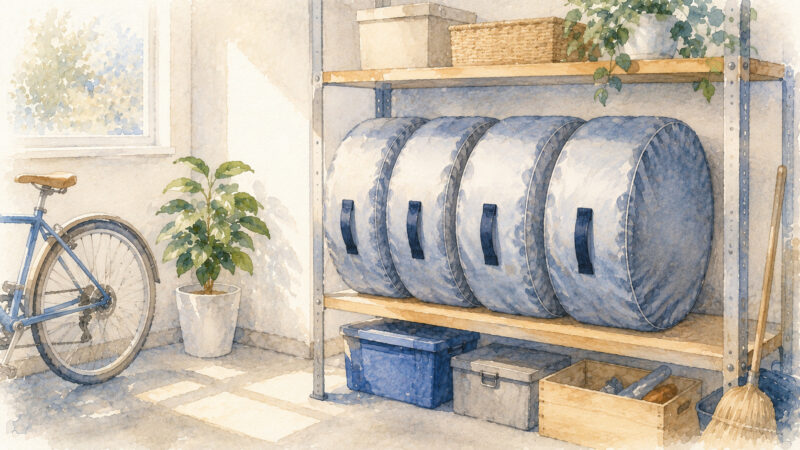 ガレージの棚にカバーを掛けて保管されたタイヤ4本のイメージイラスト