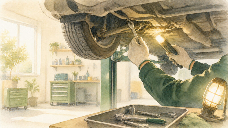 リフトアップした車を点検する整備士の手元のイメージイラスト
