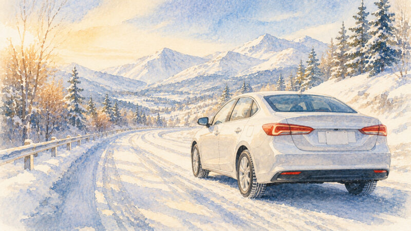 雪道を安心して走る車のイメージイラスト
