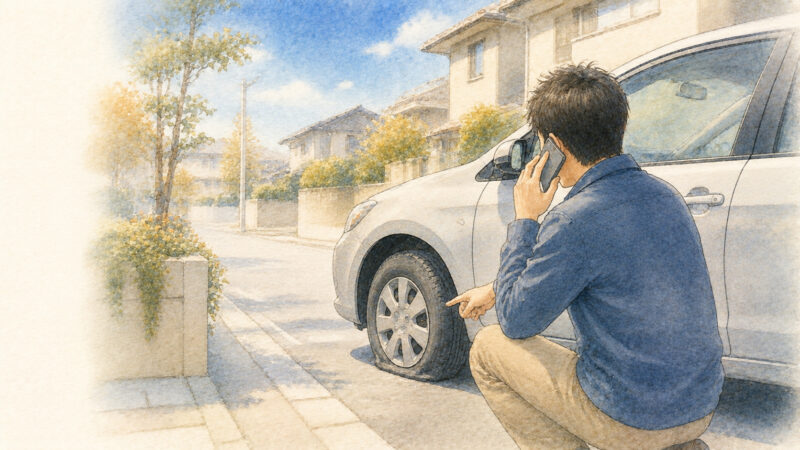 パンクしたタイヤのそばで落ち着いて電話するドライバーのイメージイラスト
