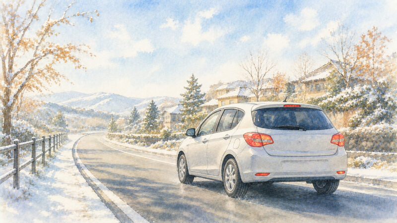 初冬の道をゆったり走る車。スタッドレスの慣らし運転のイメージイラスト