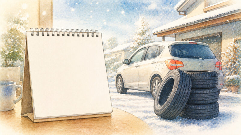 白紙のカレンダーと、タイヤ交換を控えた車。交換時期のイメージイラスト